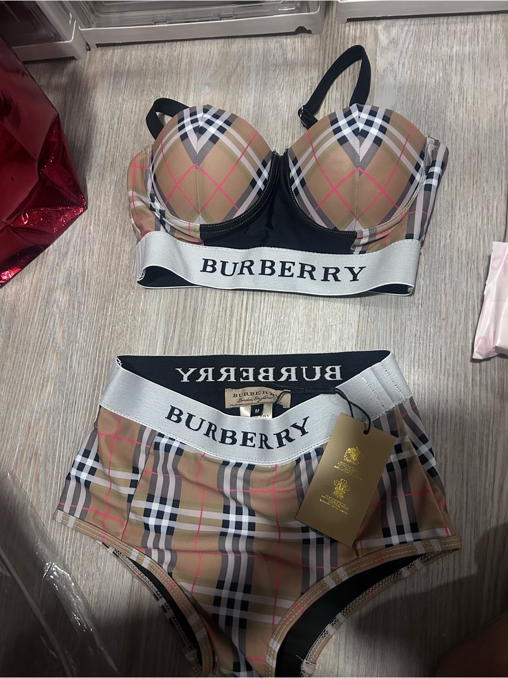 Burberry Tan Check Logo-Trim Bra and High-Waist Briefs
